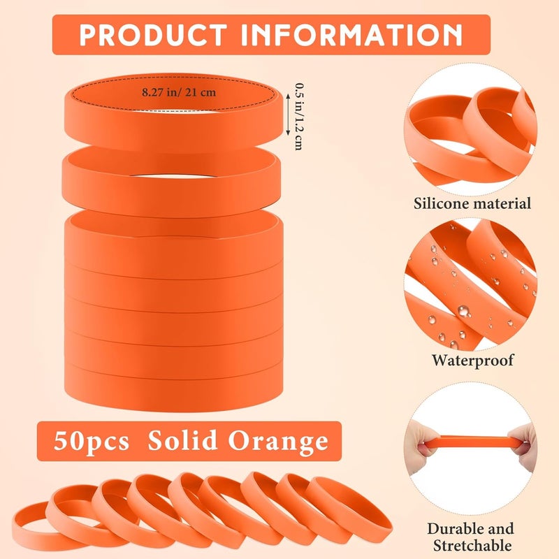 Liliful 50 Pcs Plain Silicone Rubber Bracelets Elastic Rubber Wristbands Blank Colored Bracelet Sports Bands for Stretch Wristband Wrist Bands for Women Men Party Gifts(Orange) - Image 2